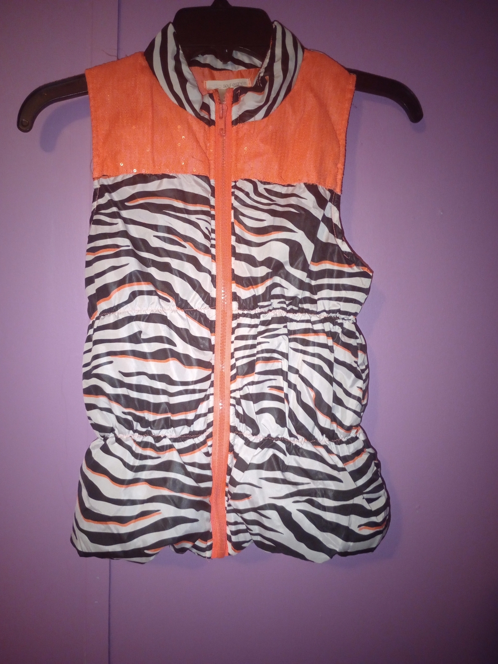 Self Esteem Orange and Black Zebra Print Puffer Vest